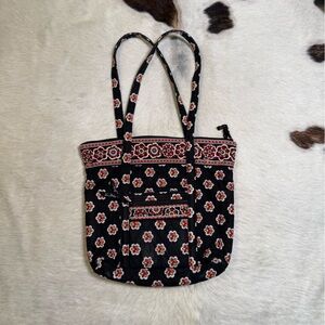 Vera Bradley Quilted Floral Tote Bag | Black Boho Everyday Shoulder Bag